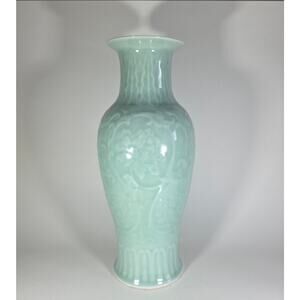 Celadon Style Ceramic Vase Floral Motif Asian Design 12 in